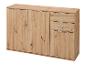 Holz-Sideboard mit drei Türen und drei Schubladen, mit Metallgriffen.