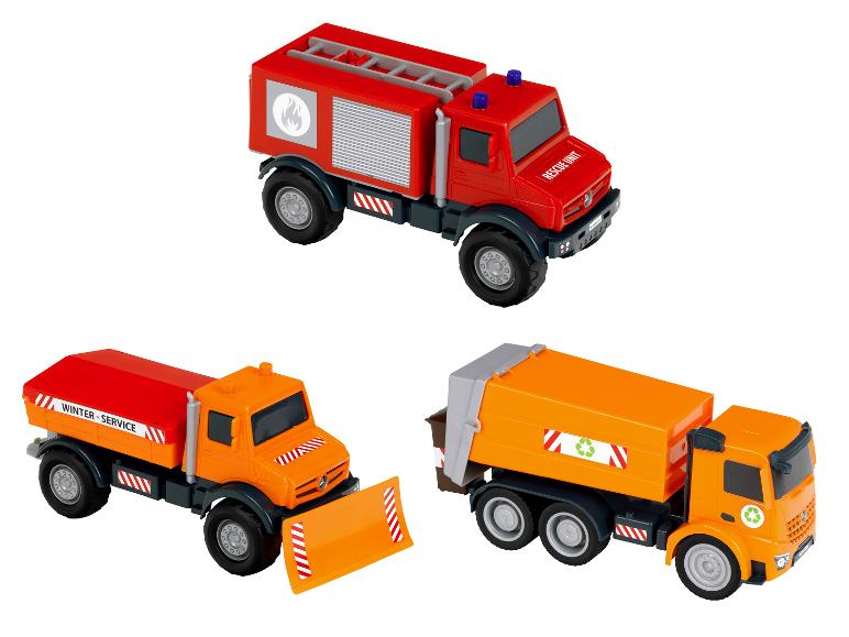 Drei Mercedes-Benz Fahrzeuge von KLEIN: Feuerwehr, Schneepflug und Müllwagen.