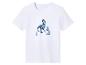 Weißes Kurzarm-T-Shirt mit blauem Dinosaurier- und Fußabdruck-Print.