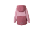 Rosa Softshelljacke für Kinder in der Rückansicht, mit Kapuze und Regenbogen-Detail.