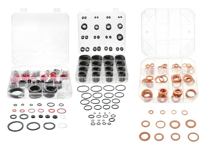 Sätze von O-Ringen und Kupferscheiben in transparenten Aufbewahrungsboxen.