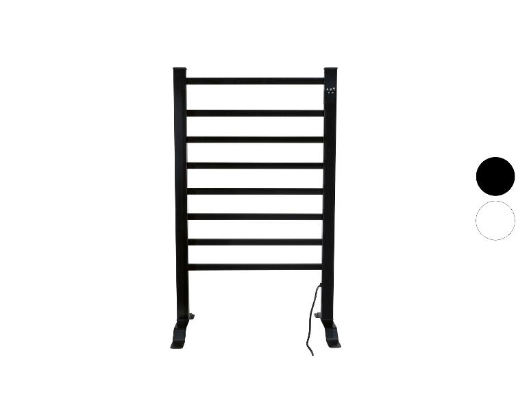Schwarzer freistehender elektrischer Handtuchwärmer mit acht Stangen und digitaler Steuerung.
