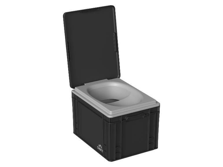 Tragbare Campingtoilette in Schwarz und Grau mit geöffnetem Deckel.