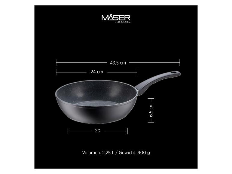 Bratpfanne mit Maßen: 43,5 cm Gesamtlänge, 24 cm Durchmesser, 6,5 cm Höhe, 20 cm Boden, 2,25 L Volumen, 900 g Gewicht.