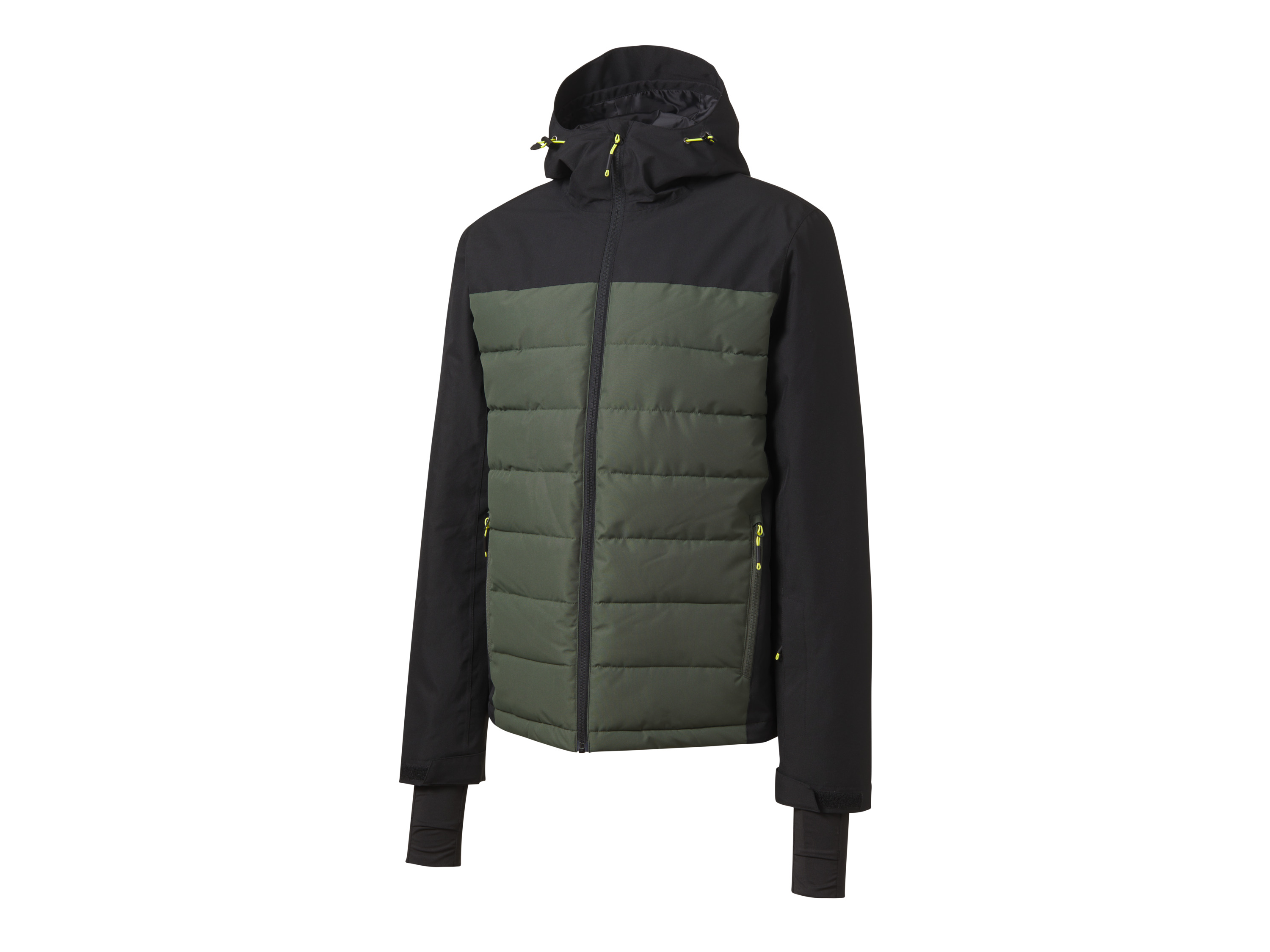 CRIVIT Herren Skijacke (schwarz/khaki, XL(56/58))““ | Wassersäule des Obermaterials: 3.000 mm Atmungsaktives Funktionsmaterial Verlängerte Rückenpartie Ärmelstulpe mit Daumenloch und weitenverstellbarer Armabschluss durch Klettverschluss Skipasstasche mit Reißverschluss am Ärmel Weitenverstellbarer Saum und Kapuze dank Kordelzug und Stopper Verstellbarer, elastischer Schneefang mit Anti-Rutsch-Band Durchgehender Reißverschluss mit Kinnschutz Muster schwarz, schwarz/khaki: seitliche Reißverschlusstaschen und Reißverschluss-Brusttasche Navy/gelb: seitliche Reißverschlusstaschen Produktmerkmale tabletd Farbe: Muster schwarz, navy/gelb, schwarz/khaki Muster: Muster schwarz: Marmor-Muster Detail: – Funktion: wind- und wasserdicht, mit versiegelten Hauptnähten