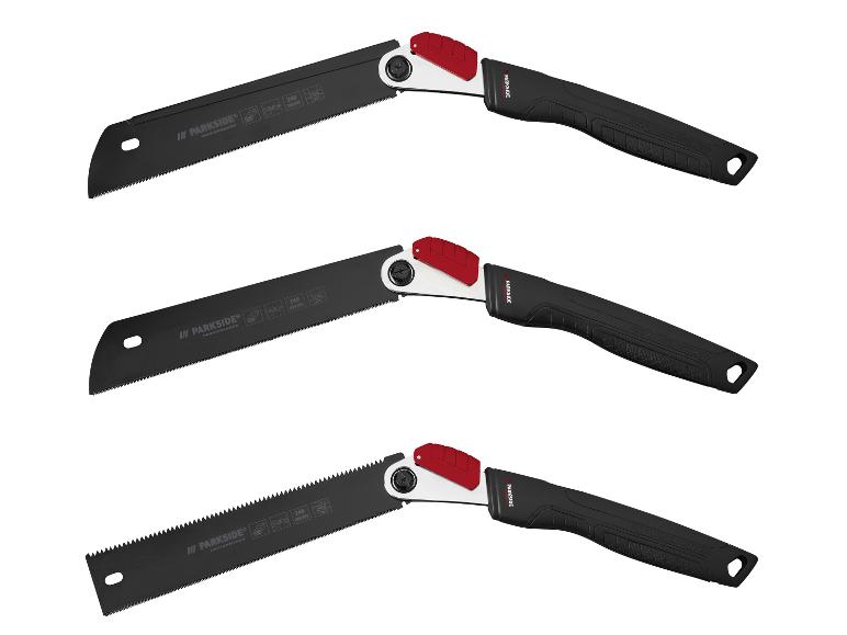 Drei Klappsägen mit schwarzen Klingen und Griffen sowie roten Verriegelungsmechanismen.