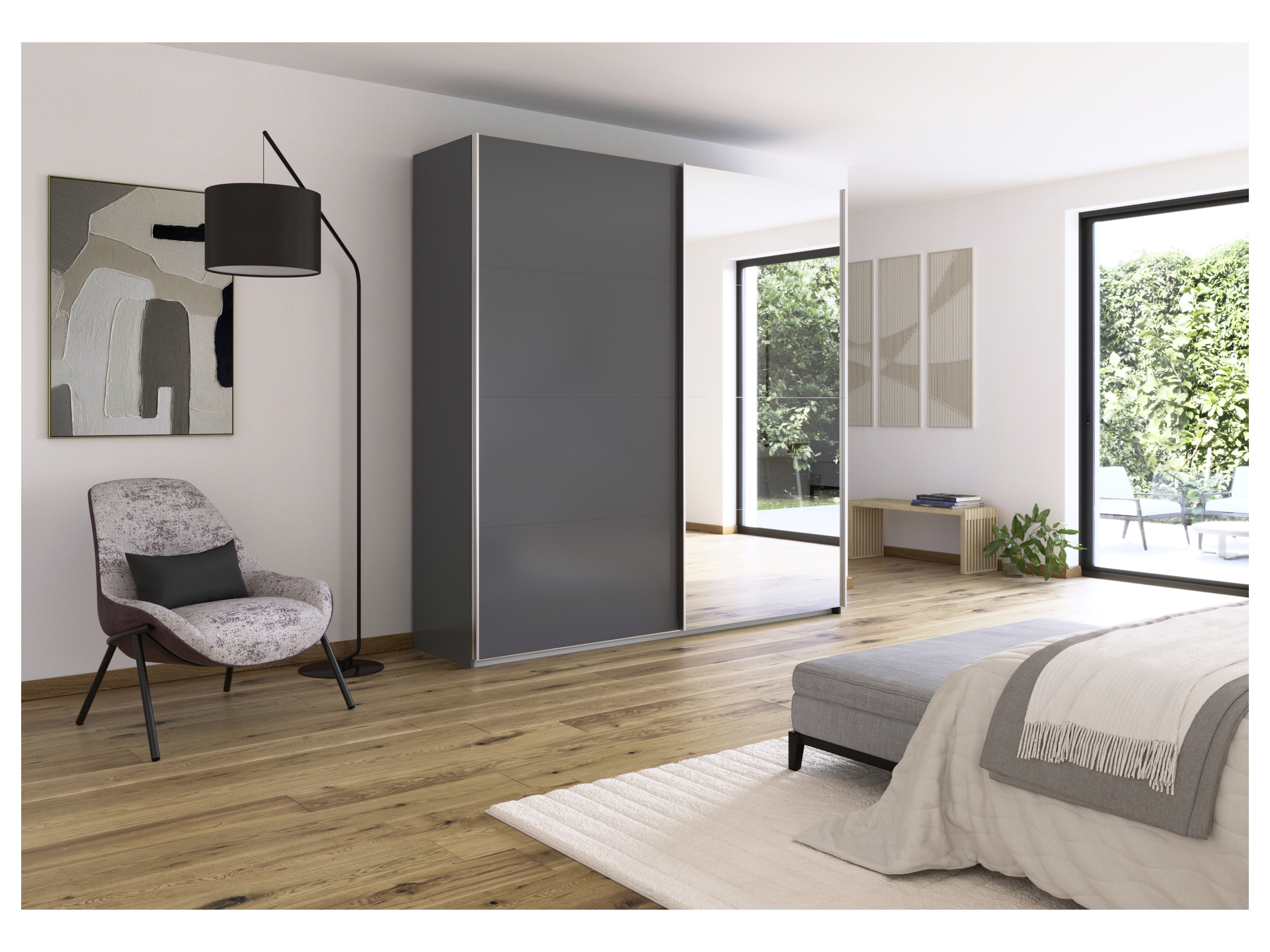 RAUCH ORANGE Quadra Schwebetürenschrank mit Spiegelelementen (Premium-Zubehör, Korpus: Graumetallic, 226 x 230 cm) – Bild 2 von 4