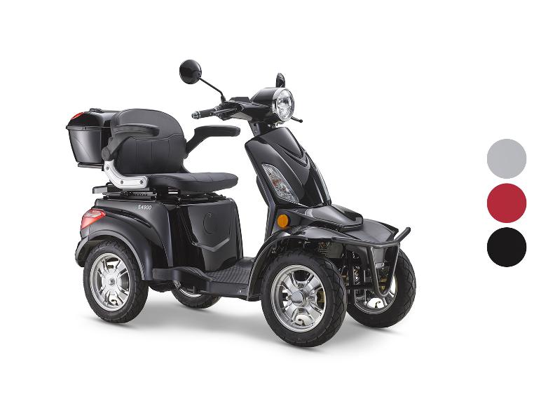 Schwarzer vierrädriger Elektromobil mit Staufach und Farbmustern.