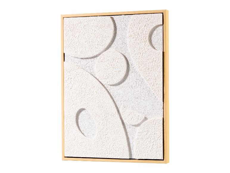 Ein abstraktes Gemälde mit weißen Kreisen auf einem strukturierten Hintergrund, in einem Holzrahmen.