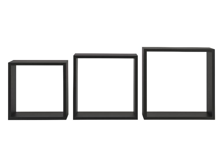 Set aus drei schwarzen, quadratischen Wandregalen in verschiedenen Größen.