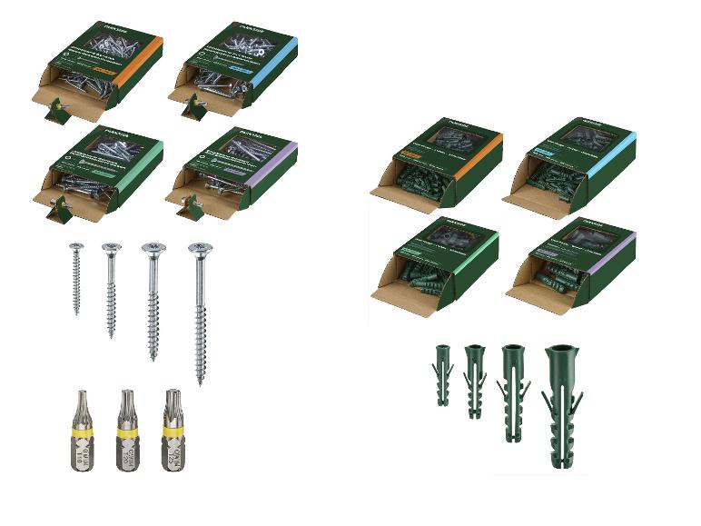 Spanplattenschrauben, Dübel und Schraubendreher-Bits.