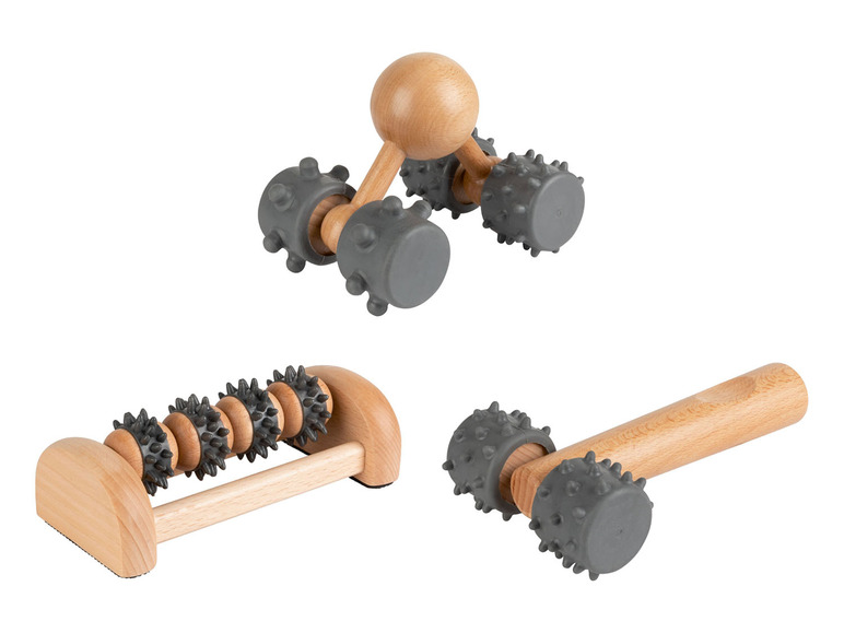 Drei Holz-Massage-Rollen mit Stacheln