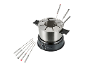 Elektrisches Edelstahl-Fondue-Set mit sechs Fonduegabeln.