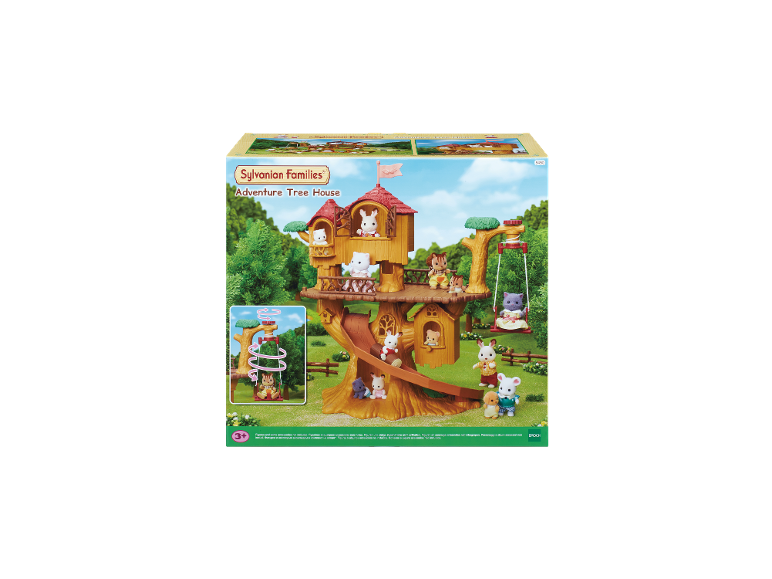 Spielzeug-Baumhaus mit Rutsche und Schaukel, mit Tierfiguren.