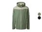 Herren-Softshelljacke in Grün und Beige mit Kapuze und Reißverschluss.