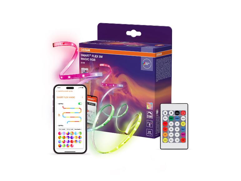 Smarter LED-Streifen mit Fernbedienung und App-Steuerung, der verschiedene Farben anzeigt.