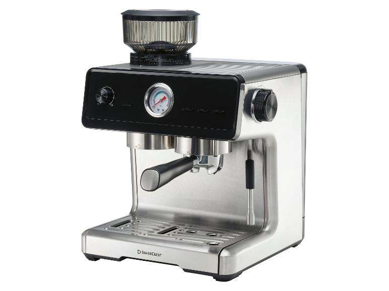 Espressomaschine mit integrierter Kaffeemühle und Manometer.