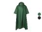 Grüner Regenponcho mit Kapuze und Logo, mit dunkelgrünen und schwarzen Farboptionen.
