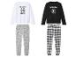 Zwei Pyjama-Sets mit langen Ärmeln, eines mit 'Wednesday'-Print und eines mit Logo.