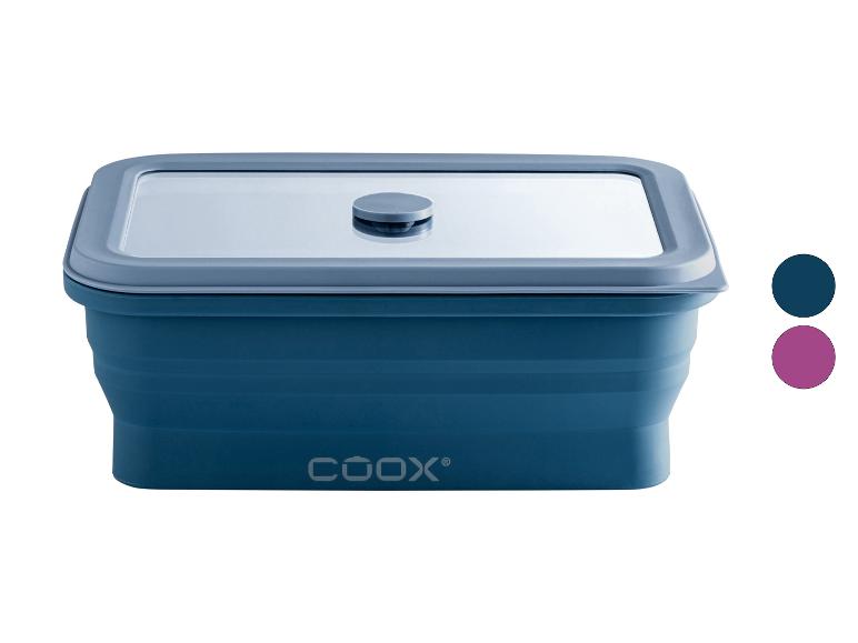 Blaue faltbare Lebensmittelbox mit transparentem Deckel und zwei Farboptionen.