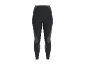 Dunkelgraue Sportleggings mit vertikalen Streifenmustern an den Seiten und Oberschenkeln.