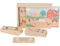 Holzdomino mit Bauernhoftieren und Punkten in einer Box.