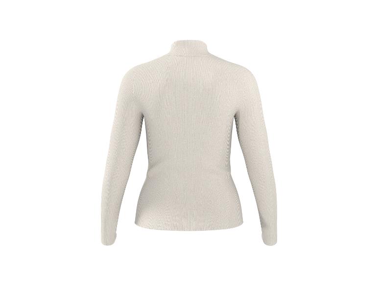 Damen-Rollkragenpullover in Hellbeige mit Rippenmuster, Rückansicht.
