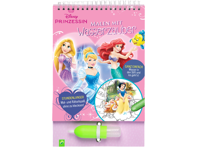 Prinzessinnen-Wasser-Malbuch mit Wasserstift und Text wie „Stundenlanger Mal- und Rätselspaß, ohne zu klecksen!“