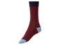 Ein Paar bordeauxrote Socken mit blauem Rand.