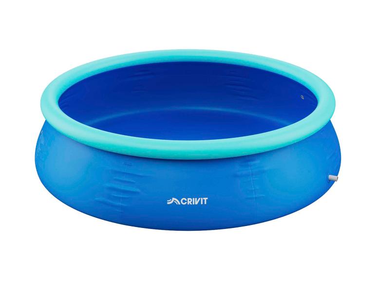 Runder aufblasbarer Pool in Blau mit einem türkisfarbenen oberen Ring.