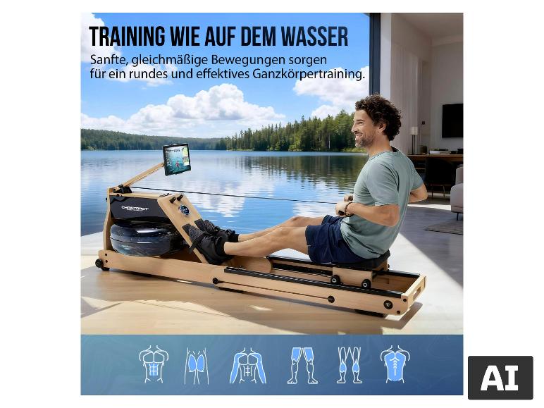 Christopeit Holz-Wasser-Rudergerät 'WP 5000' mit einem trainierenden Mann im Wohnzimmer. [KI-generiertes Bild]