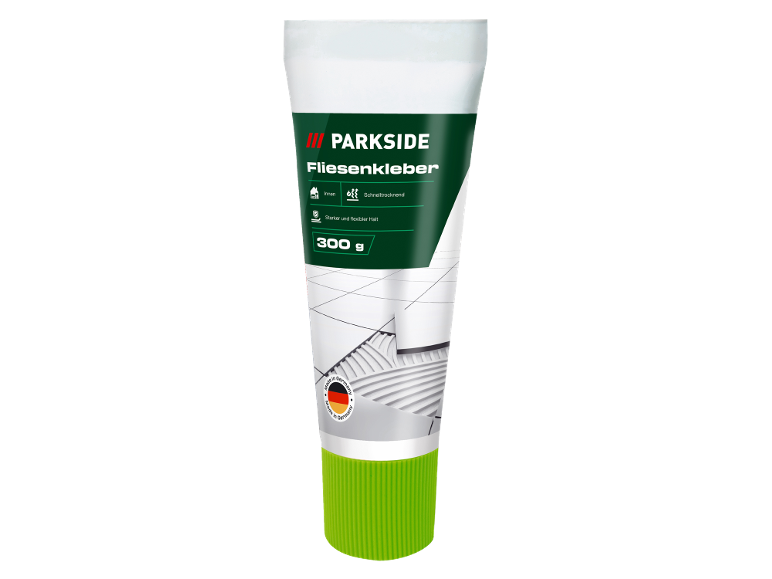 Eine 300 g Tube Fliesenkleber, mit dem Text „Made in Germany“.