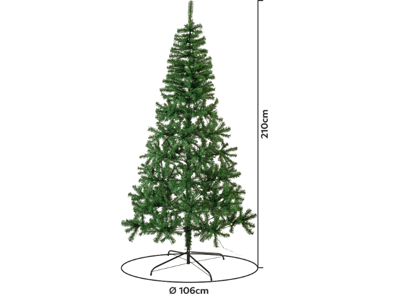 Künstlicher Weihnachtsbaum, 210 cm hoch, 106 cm Durchmesser am Fuß.