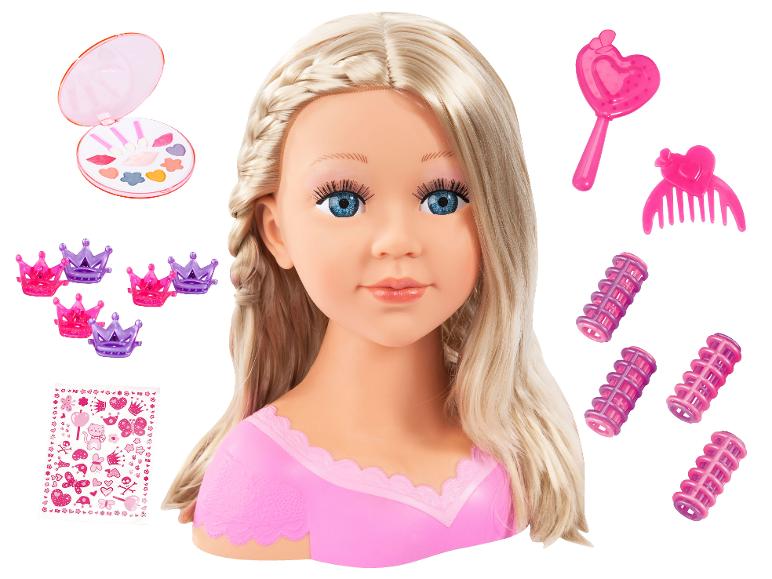 Blonder Frisierkopf mit Make-up, Lockenwicklern, Kronen und Haarschmuck