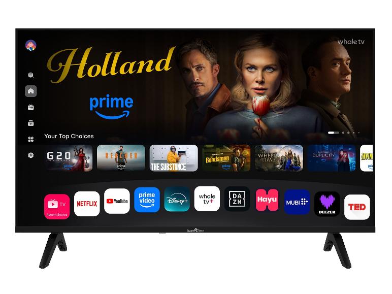 Smart-TV mit Startbildschirm, der Filme, Serien und Streaming-Apps anzeigt.