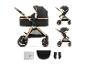 Schwarzer und goldener Kinderwagen mit Babywanne, Sportwagenversion und Zubehör.
