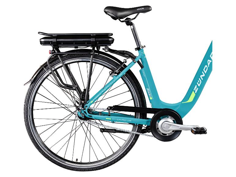 Türkises Zündapp E-Bike mit Gepäckträger und Akku.