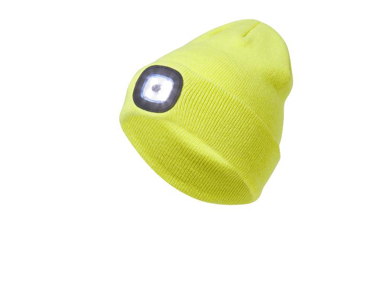 Fluoreszierende gelbe Mütze mit integriertem LED-Licht.