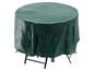 Eine grüne Schutzhülle für einen runden Gartentisch.