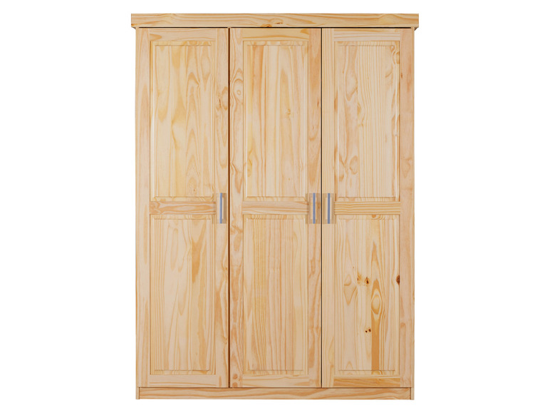 Ein dreitüriger Kleiderschrank aus Holz.