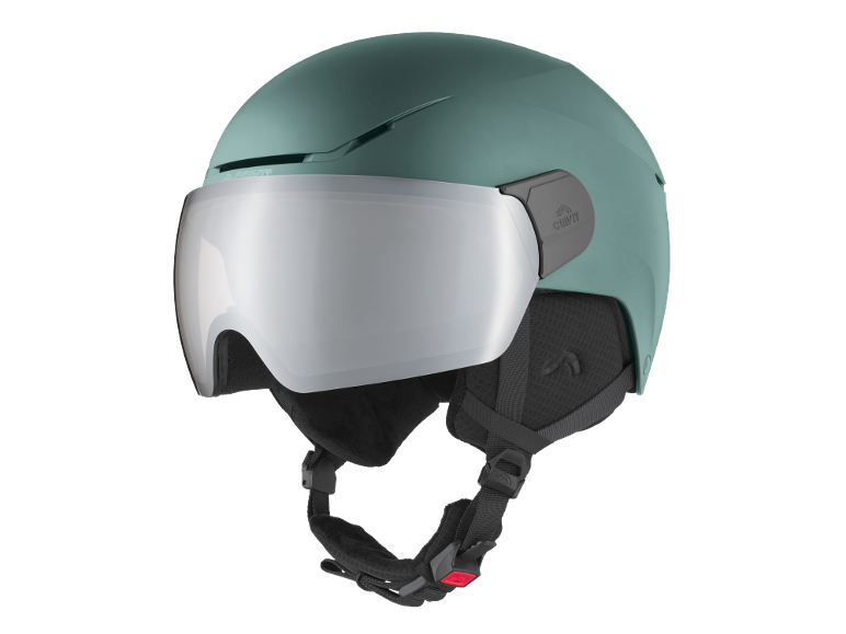 Türkiser Skihelm mit silbernem Visier und verstellbarem Kinnriemen