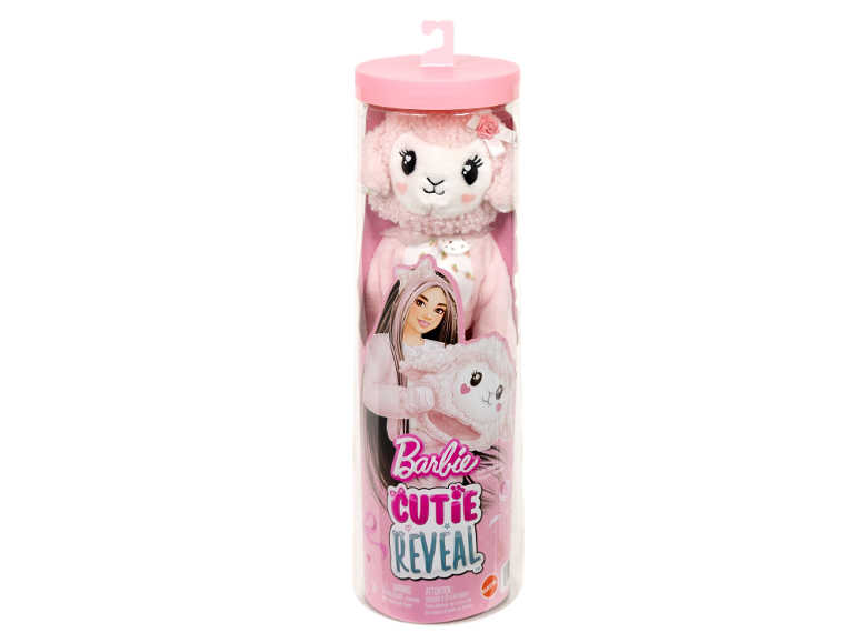 Puppe im rosa Plüsch-Lammkostüm in einer zylindrischen Verpackung