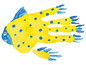 Ein Handabdruck eines gelben Fisches mit blauen Punkten.