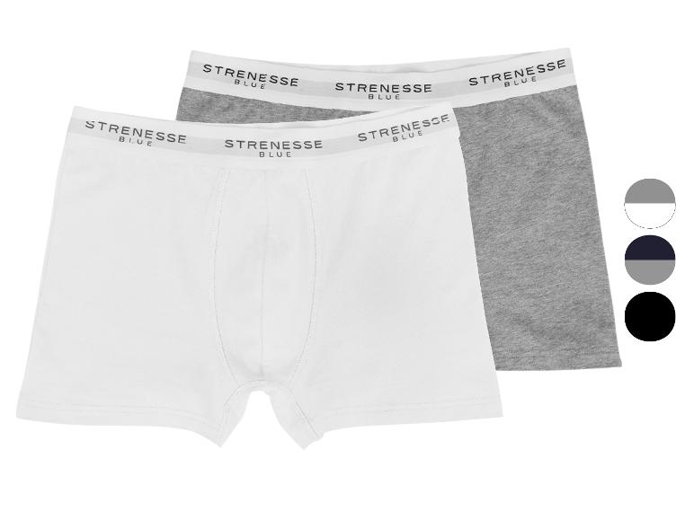 Zwei Strenesse Blue Herren-Boxershorts, eine weiße und eine graue, mit Farbmustern.