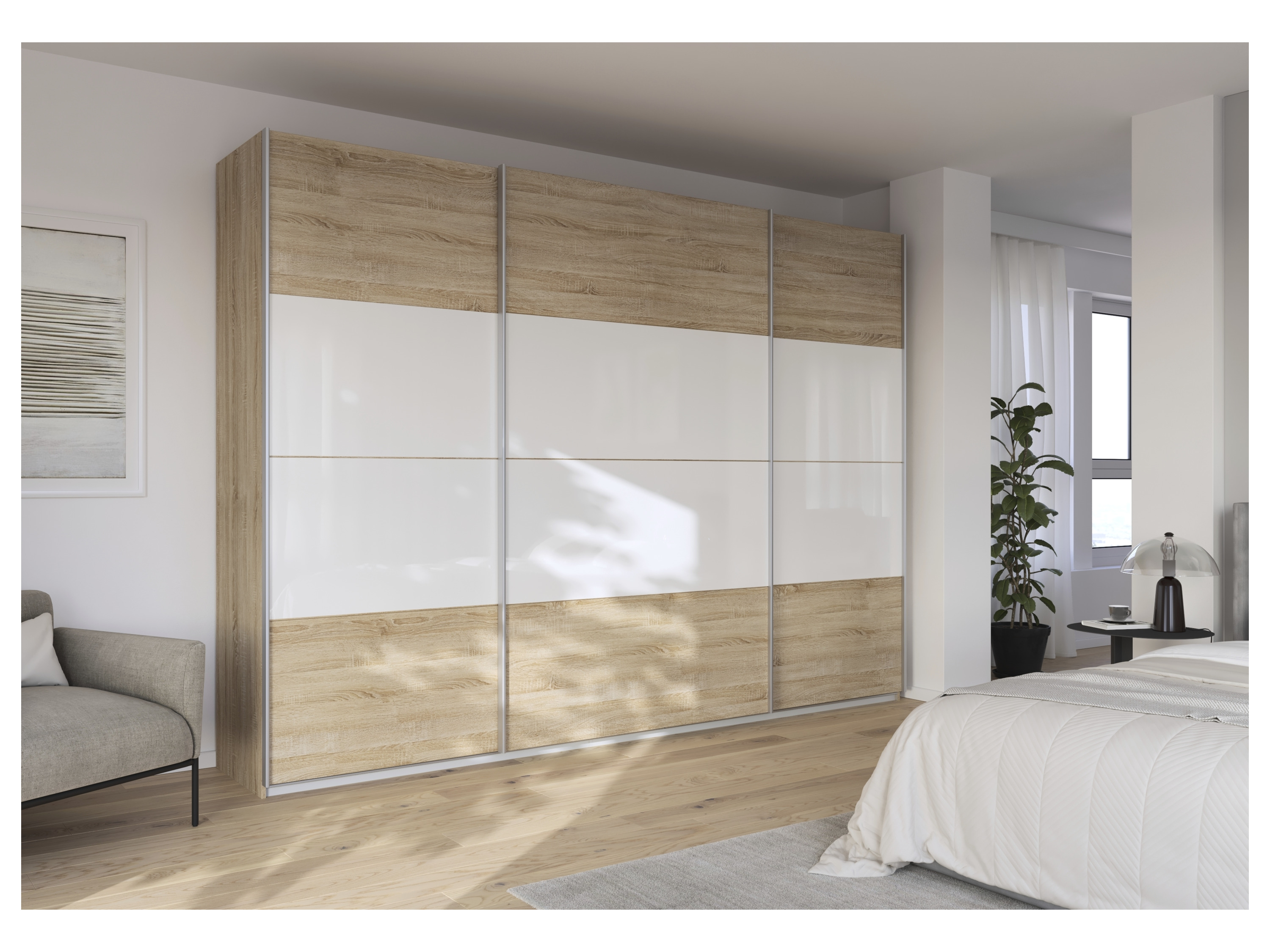 RAUCH ORANGE Quadra Schwebetürenschrank mit Glaselementen (Premium-Zubehör, Korpus:Eiche, Glas:Weiß, 315 x 230 cm) – Bild 2 von 4