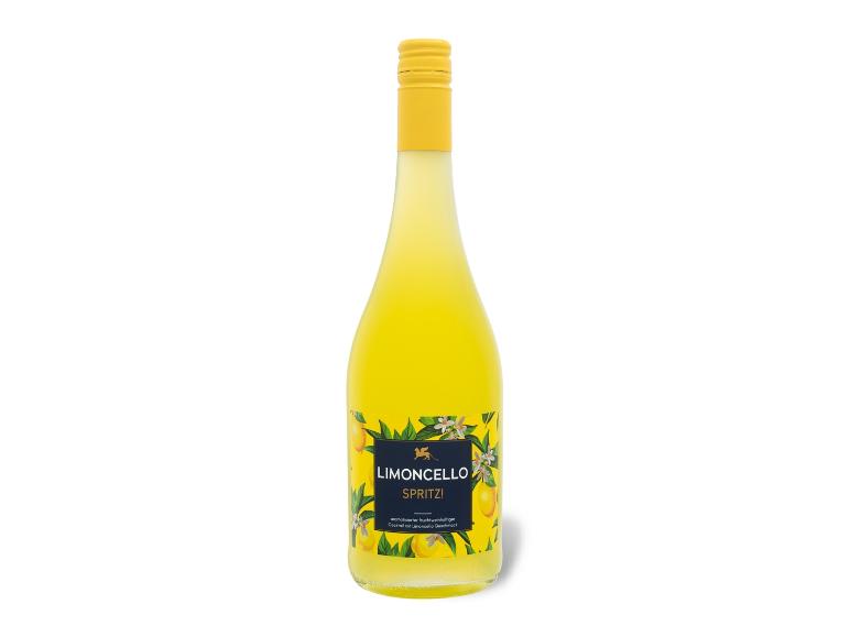 Flasche gelber Limoncello Spritz mit Zitronen- und Blumenetikett.