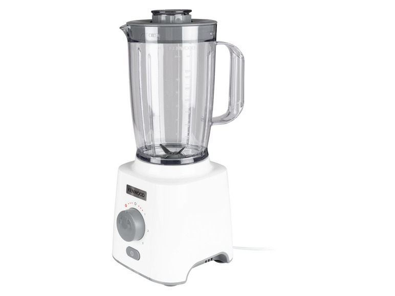 Ein weißer Kenwood-Mixer mit Glasbehälter.