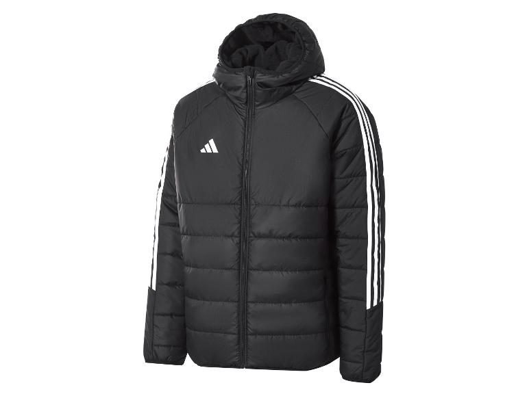 Schwarze Adidas Steppjacke mit Kapuze und drei weißen Streifen an den Ärmeln.
