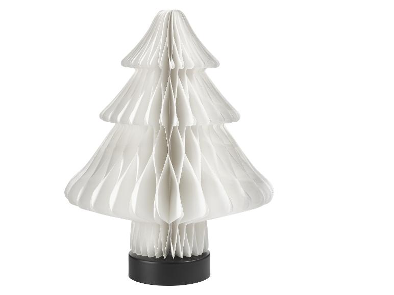 Weißer, faltbarer Papier-Weihnachtsbaum mit schwarzem Sockel.