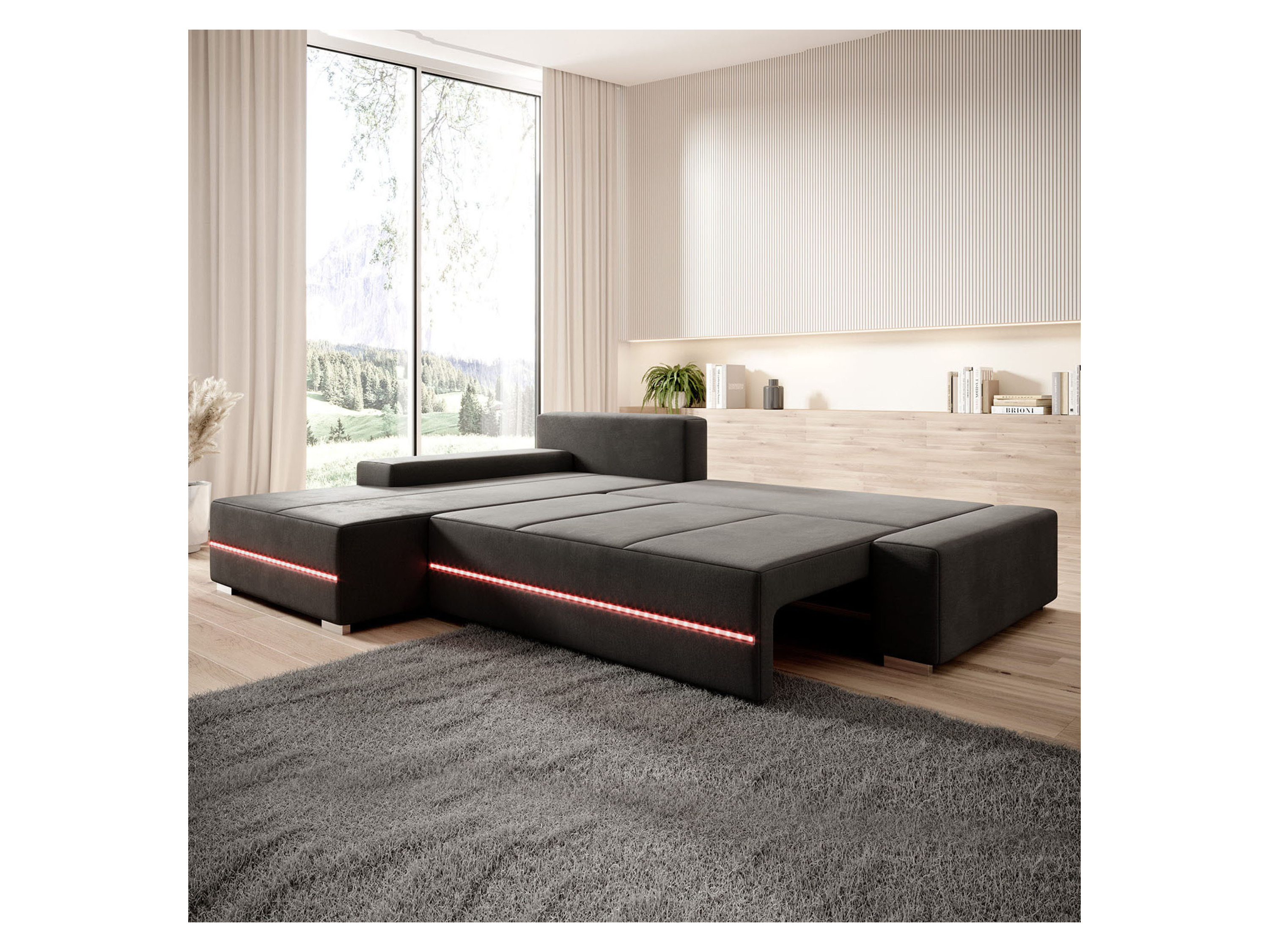 Thumbnail - Juskys Davos Sofa LED mit Ottomane  Schlaffunktion (Links, Dunkelgrau)""